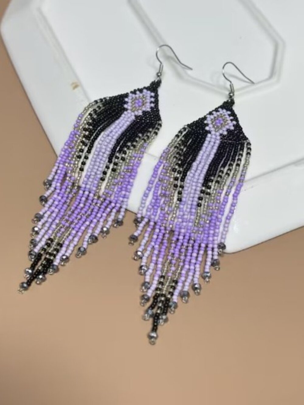 Bohemian Style Beaded Tassel Earrings Handcrafted Glass Seed Bead Dangles Purple - Picture 2 of 7